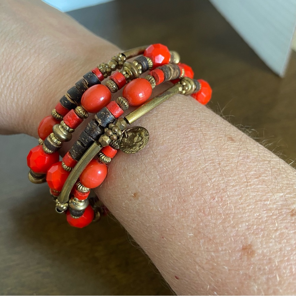 Orange, wood bead, and brass/gold stretch wrap bracelet boho
